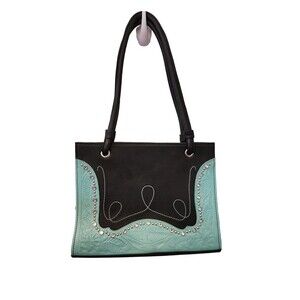 Black and Turquoise Embossed Tote Bag / Purse with Stud Detail - LIKE NEW!